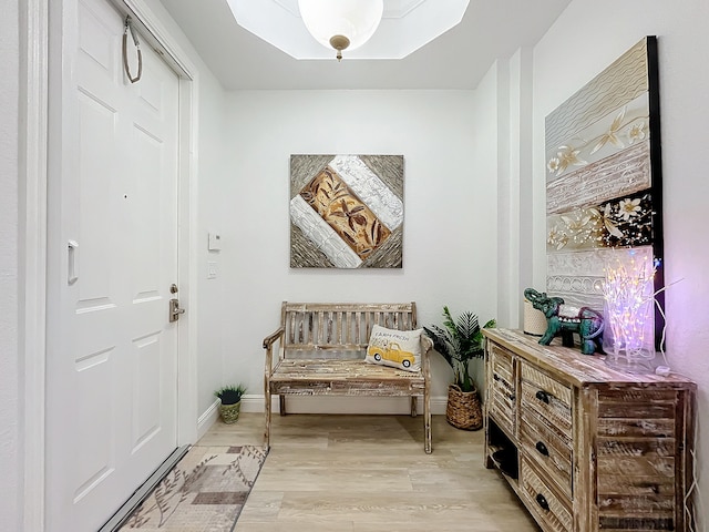 interior space with light hardwood / wood-style flooring and a skylight