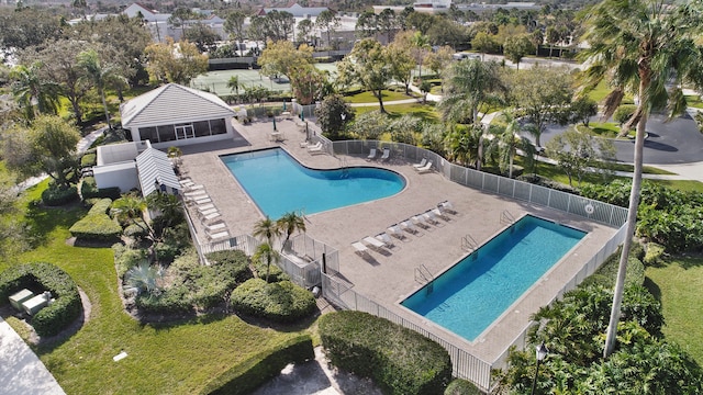 view of pool featuring a patio and a yard