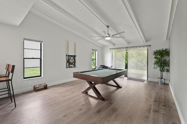 game room with beamed ceiling, ceiling fan, billiards, and hardwood / wood-style floors