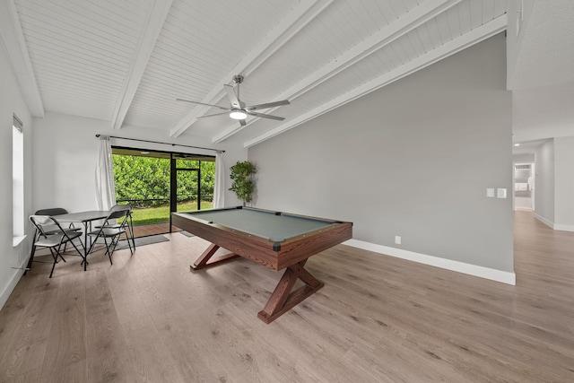 recreation room featuring light wood-type flooring, high vaulted ceiling, billiards, beamed ceiling, and ceiling fan