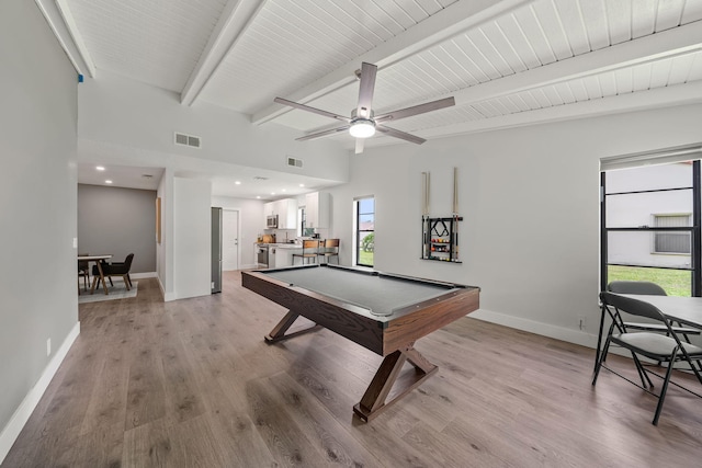 playroom with ceiling fan, pool table, beamed ceiling, and light hardwood / wood-style floors