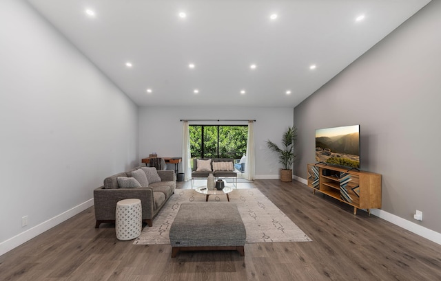 living room featuring dark wood-type flooring