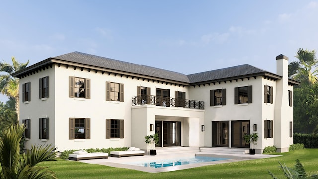 rear view of house with a balcony, a patio area, and a lawn