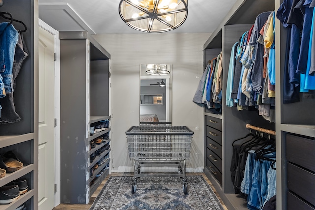 spacious closet with hardwood / wood-style flooring and a chandelier