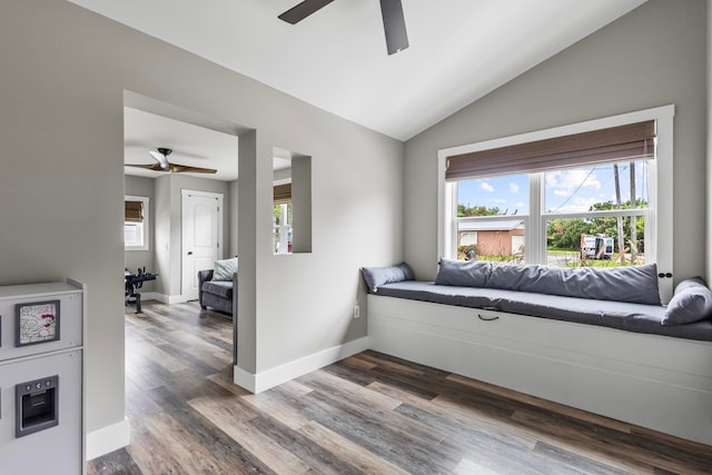 living room with ceiling fan, vaulted ceiling, hardwood / wood-style flooring, and plenty of natural light