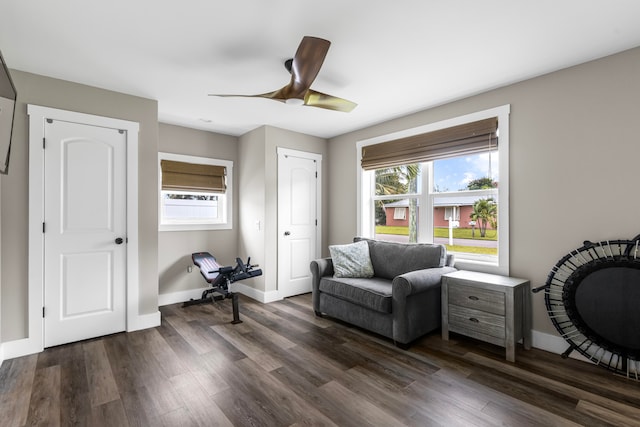 living area featuring ceiling fan and dark wood-type flooring