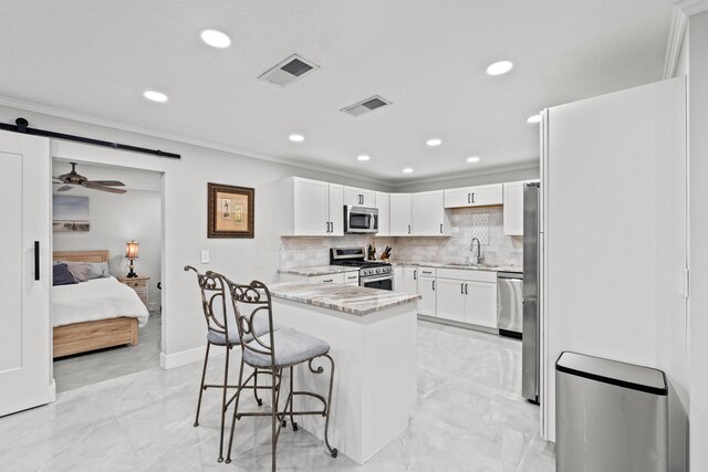 kitchen with white cabinets, ceiling fan, stainless steel appliances, and sink