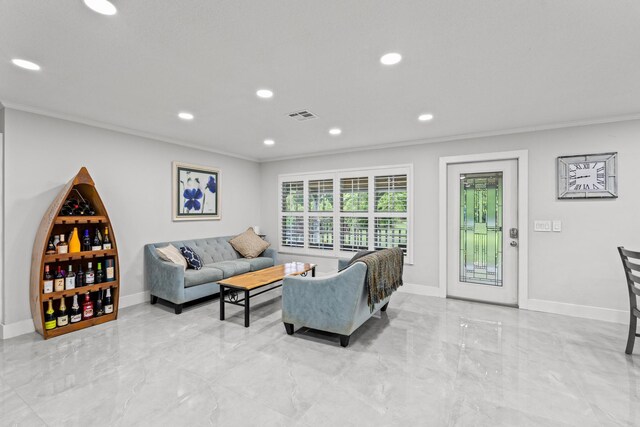 living room featuring ornamental molding