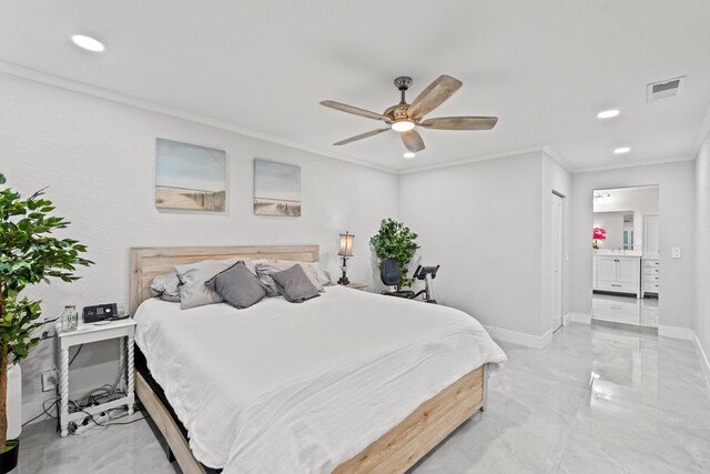 bedroom with ceiling fan and ornamental molding