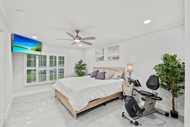 bedroom with ceiling fan and crown molding