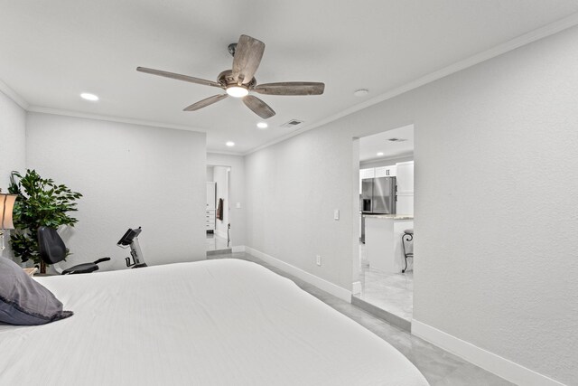 bedroom with crown molding, stainless steel fridge, and ceiling fan