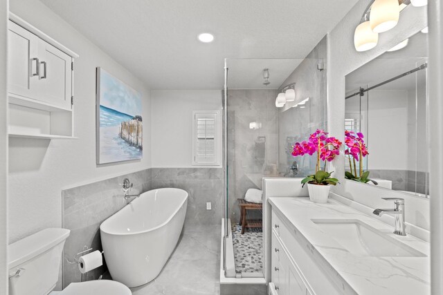 full bathroom with vanity, toilet, tile walls, and separate shower and tub