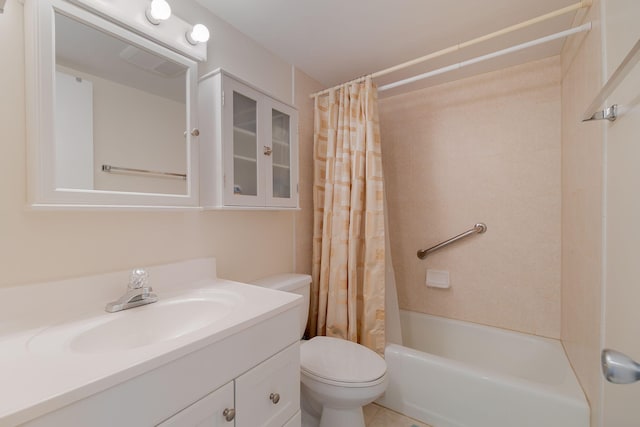 full bathroom with shower / bath combination with curtain, toilet, and vanity