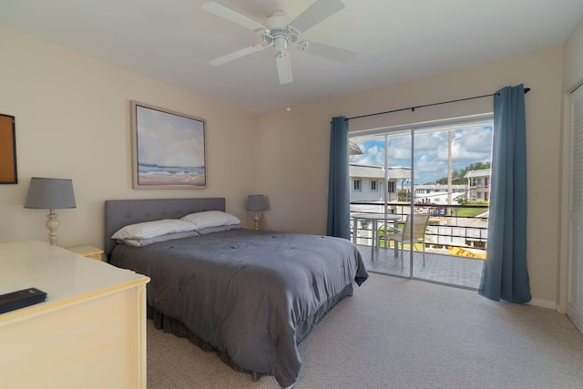 bedroom featuring ceiling fan, access to outside, and light carpet