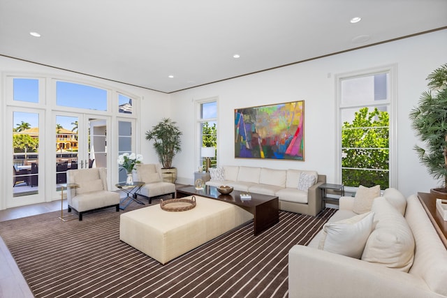 living room featuring french doors and hardwood / wood-style flooring