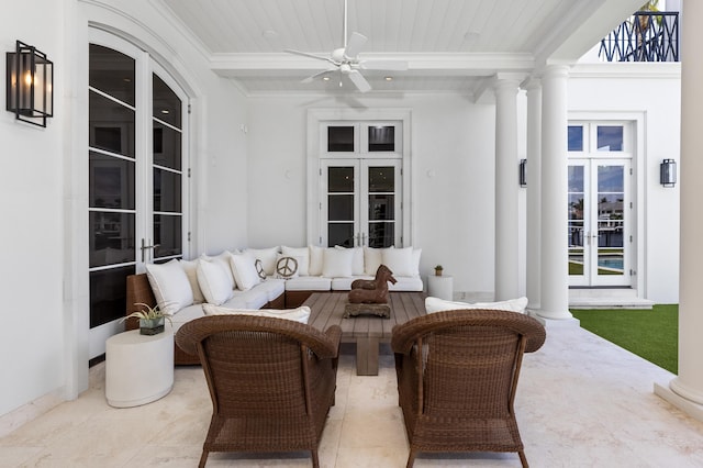 interior space with outdoor lounge area, ceiling fan, and french doors