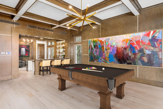 playroom with beamed ceiling, light hardwood / wood-style floors, wooden walls, and billiards