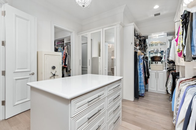 spacious closet with light hardwood / wood-style flooring