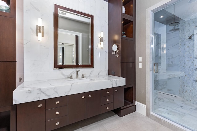 bathroom featuring vanity and walk in shower