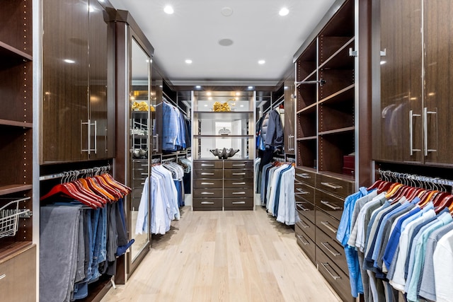 walk in closet with light hardwood / wood-style flooring