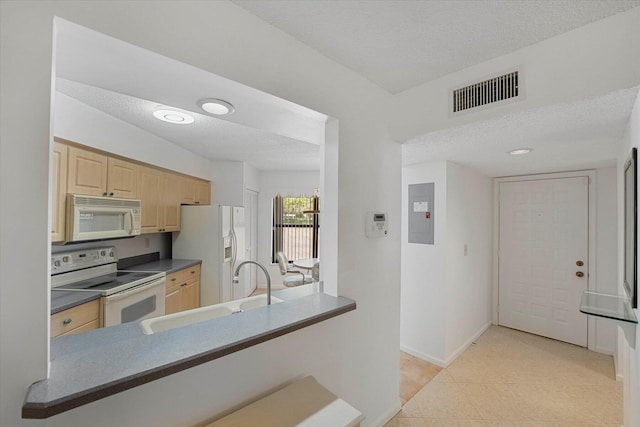 kitchen with white appliances, light brown cabinetry, sink, and a textured ceiling