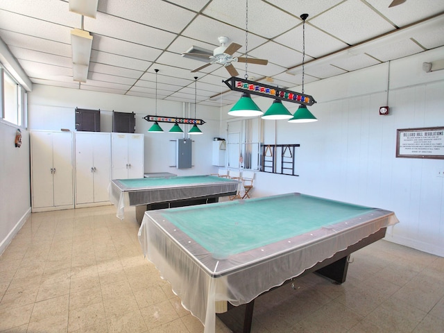 recreation room with light tile patterned flooring, ceiling fan, pool table, and a paneled ceiling