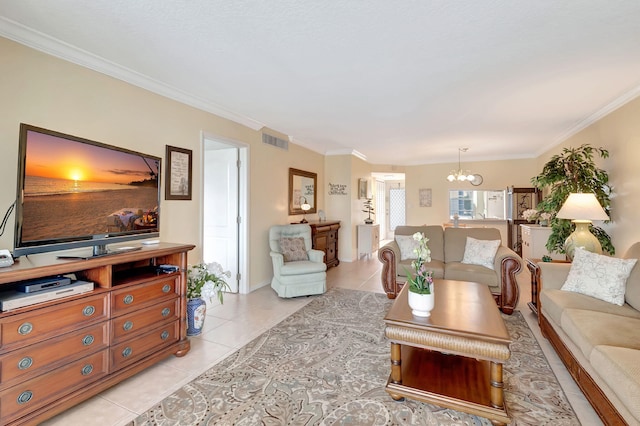 living room featuring crown molding, a notable chandelier, and light tile patterned flooring