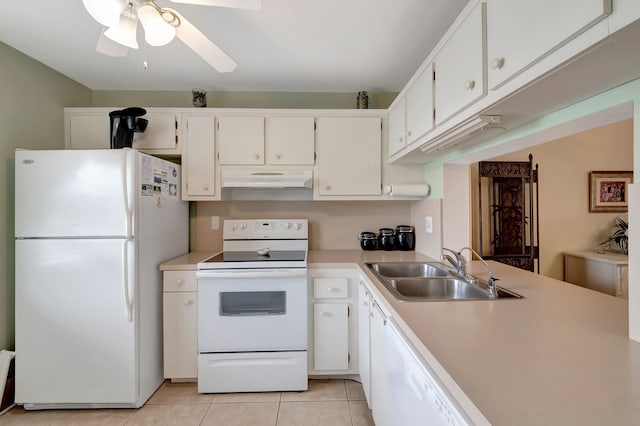 kitchen with white appliances, light tile patterned floors, sink, ceiling fan, and white cabinets