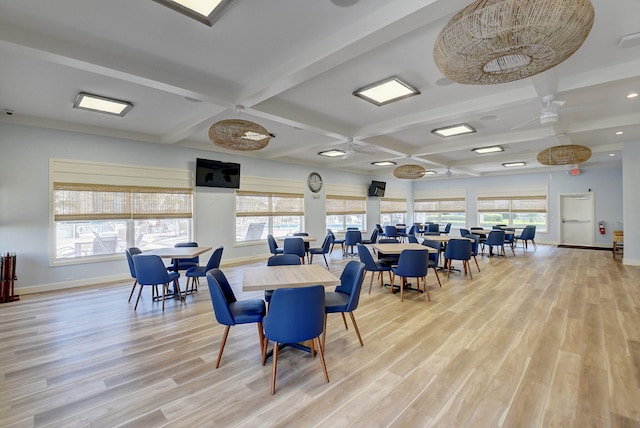 dining space featuring ceiling fan, coffered ceiling, beamed ceiling, and light hardwood / wood-style floors