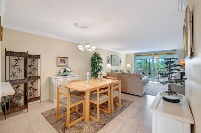 tiled dining area featuring a wall of windows, a chandelier, and crown molding