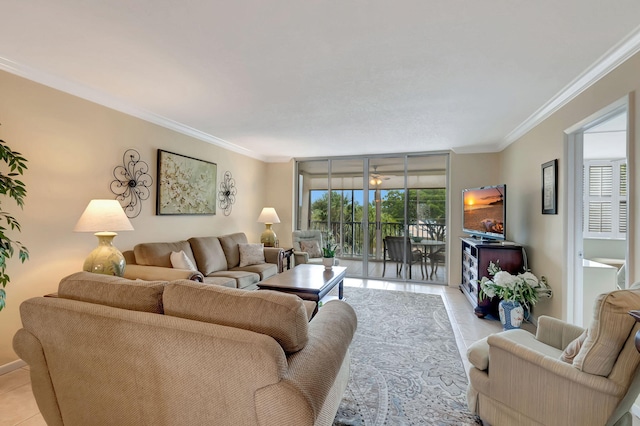 living room featuring crown molding, expansive windows, and light tile patterned flooring