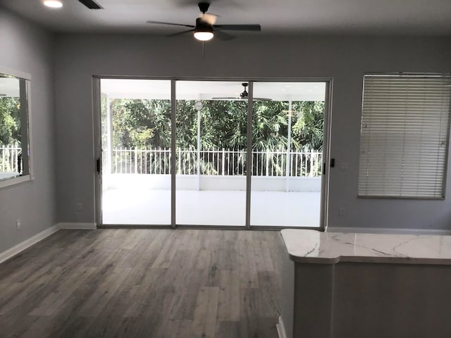 interior space with a wealth of natural light, ceiling fan, and wood-type flooring