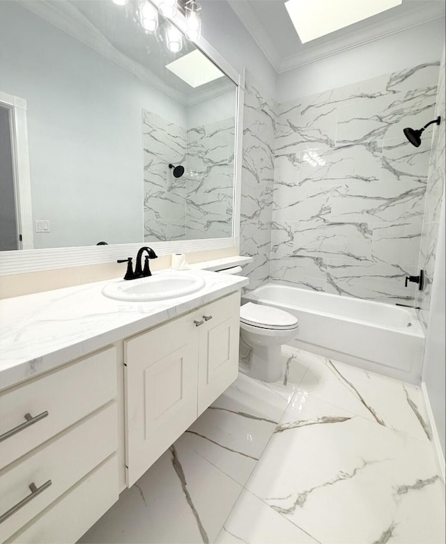 7504 SE Marsh Fern Ln, Hobe Sound, FL 33455 - bathroom featuring marble finish flooring, vanity, toilet, ornamental molding, and shower / bathtub combination
