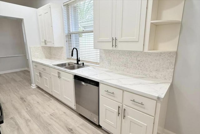 7504 SE Marsh Fern Ln, Hobe Sound, FL 33455 - kitchen featuring stainless steel dishwasher, a sink, open shelves, light wood-style floors, and backsplash