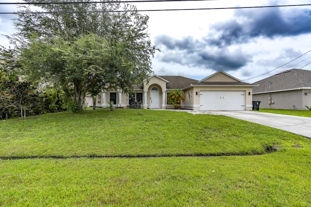 view of front of house with a garage, a front yard, concrete driveway, and stucco siding