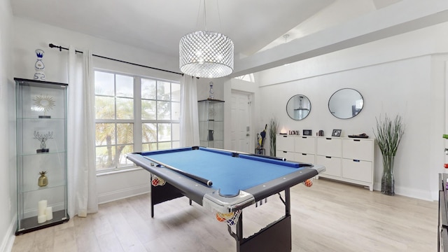 game room featuring lofted ceiling, pool table, baseboards, and light wood-style floors