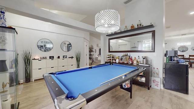 playroom featuring light wood-style floors, visible vents, billiards, and an inviting chandelier