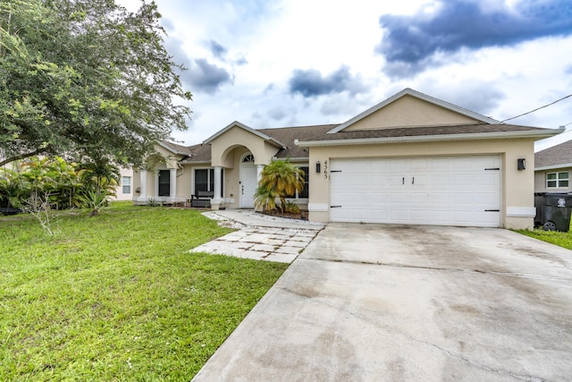 ranch-style house featuring a garage, driveway, a front lawn, and stucco siding