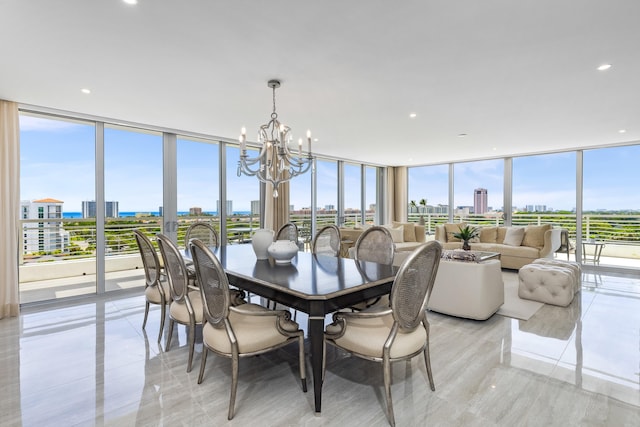 tiled dining area with a wall of windows, a chandelier, and plenty of natural light