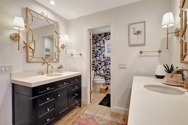 bathroom featuring wood-type flooring, vanity, and toilet