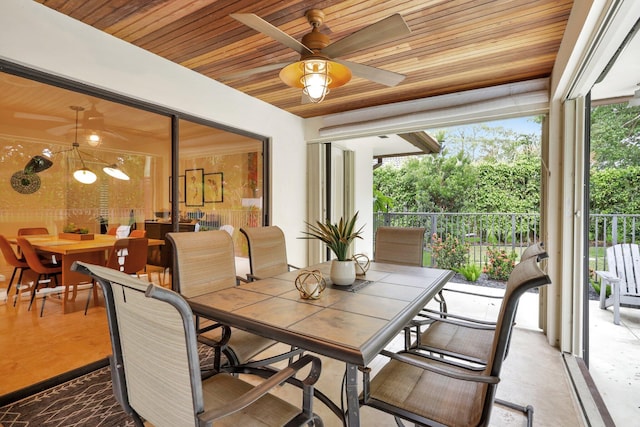 sunroom with wood ceiling and ceiling fan