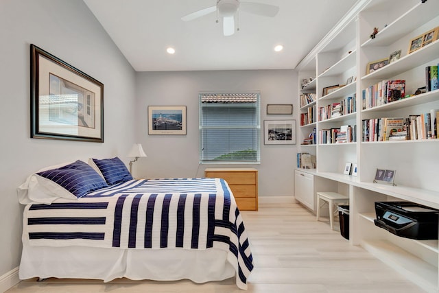 bedroom featuring light wood-type flooring and ceiling fan