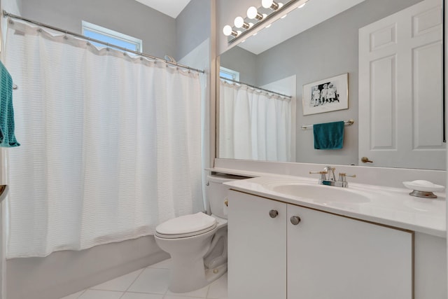 full bathroom with vanity, toilet, shower / tub combo, and tile patterned floors