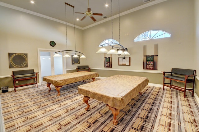 rec room with ornamental molding, a high ceiling, pool table, and ceiling fan