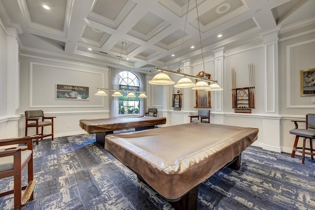 game room with pool table, beamed ceiling, decorative columns, coffered ceiling, and ornamental molding