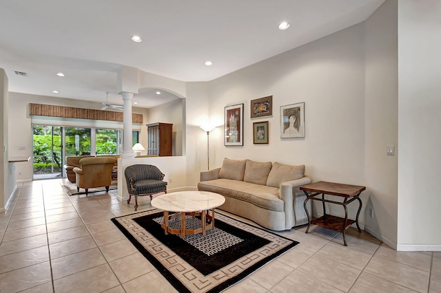 tiled living room with decorative columns