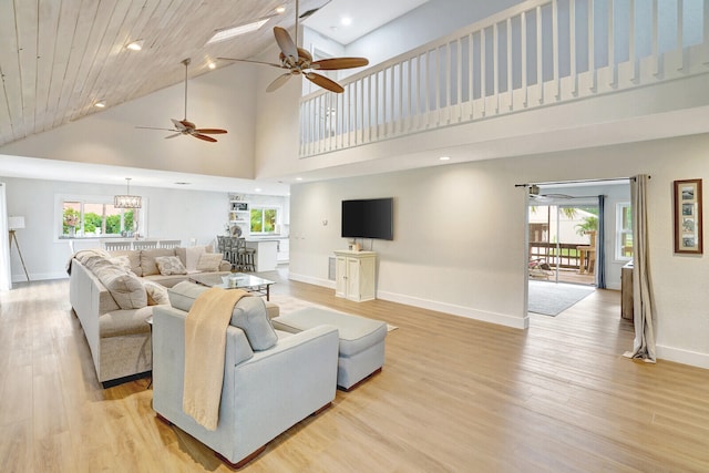 living room with ceiling fan with notable chandelier, wooden ceiling, light hardwood / wood-style flooring, and high vaulted ceiling