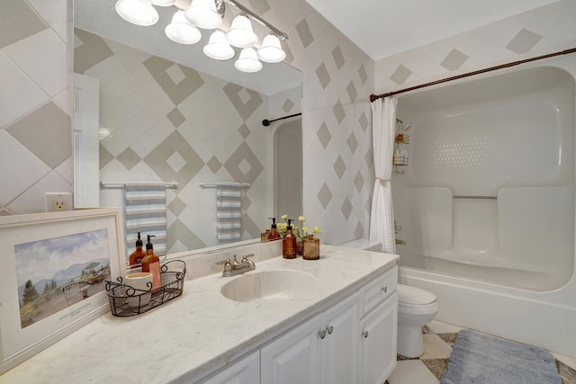 full bathroom with vanity, tile patterned flooring, toilet, and shower / bath combo