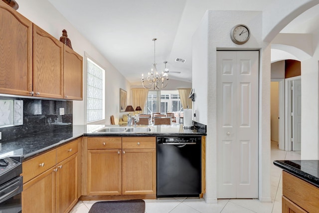 kitchen with backsplash, black appliances, vaulted ceiling, light tile patterned floors, and a chandelier