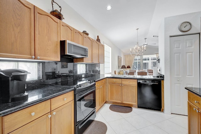 kitchen with lofted ceiling, decorative backsplash, black appliances, sink, and a notable chandelier